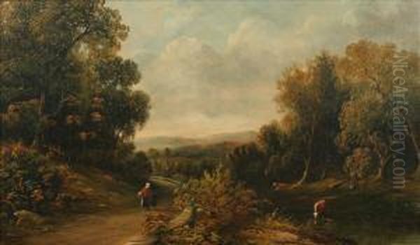 Figures On A Pathbeside A Wooded Stream - view 1