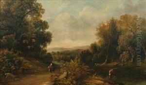 Figures On A Pathbeside A Wooded Stream by Henry Harris
