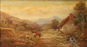 'north Wales',figures With A Horse By A Cottage