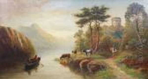 A Cowherd Watchinghis Cattle 
Watering And A Man In A Rowing Boat Within A Mountainousriver Landscape 
With Castle Ruin - view 1