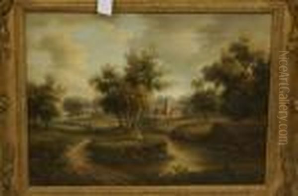 The Village Church, With Figures Walking A Long A Streamside Path - view 1