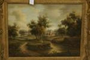 The Village Church, With Figures Walking A Long A Streamside Path by J. Harris