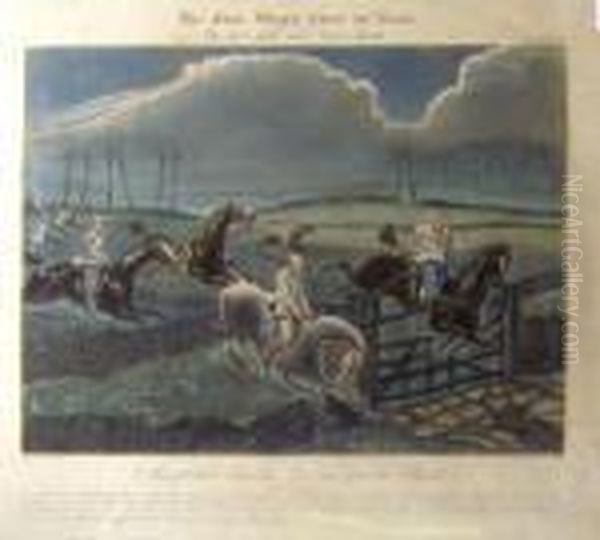 After Henry Alken, Six Plates,
'the First Steeple Chase On Record', Handcoloured Engraving, 36cm X
42cm, Framed - view 1