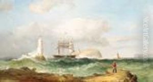A Close Run Thing: A Barque Running Inshore Between An Island And Alighthouse by James Harris of Swansea