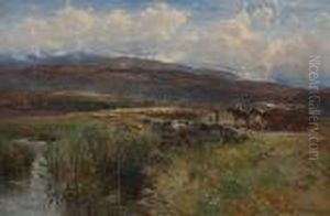 Timber Wagon, Drover And Sheep, A Mountain Landscape
