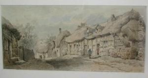 Village Street Scene With Thatched Cottages And Figures Conversing