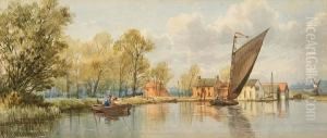 Wherry And Fishermen In A Broadland Landscape by Charles Harmony Harrison
