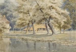 A Lily Pool Before Farm Buildings by Charles Harmony Harrison