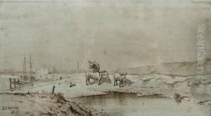 Three Donkeys By A Creek, Nelson's Column At Yarmouth Beyond Three Donkeys By A Creek, Nelson's Column At Yarmouth Beyond