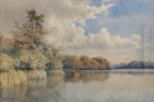A Broadland Scene With Figures Fishing From A Rowing Boat