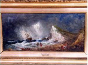 Coastal View With Choppy Seas, Sailing Ship And Figures