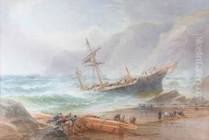 Shipwreck Scene With Men Salvaging And Rescuing The Sailors