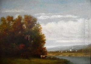 Cattle At River, Town In Distance