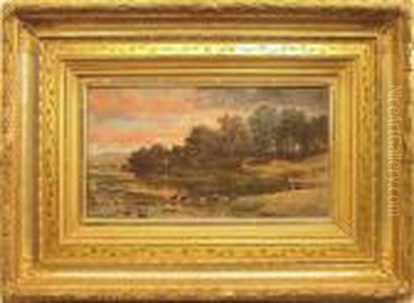Sunset Landscape With Stream And Cows - view 1