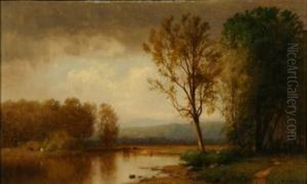 Summer Landscape With Cows Beside A Pond - view 1