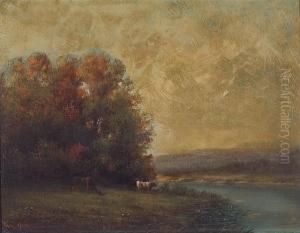 A River Landscape With Cattle Watering A River Landscape With Cattle Watering
