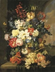 Roses, Morning Glory, And Iris And Other Flowers In A Sculpted Urn Roses, Morning Glory, And Iris And Other Flowers In A Sculpted Urn