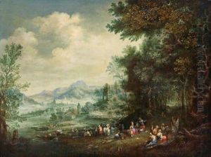 Paesaggio Fluviale Boschivo Con Personaggi Sdraiati Sulla Sponda Destra