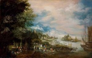 A Coastal Landsape, With Hunters In The Foreground And A Town Beyond