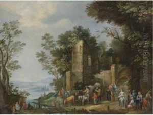 A River Landscape With Travellers Crossing A Bridge In Front Of A Ruined Castle by Johannes Jacob Hartmann