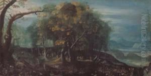 A Wooded Landscape With A Skirmish Between Bandits, A Townbeyond
