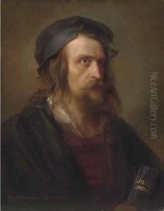 Portrait Of A Bearded Gentleman,
 Wearing A Cap, Black Cloak And Redshirt, Holding A Bible