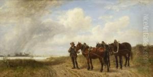 Bauer Mit Drei Pferden Am Flussufer. by Ludwig Hartmann