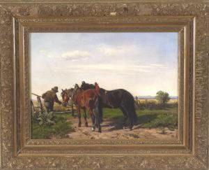 Bauer Mit Zwei Gezaumten Pferden Am Gatter Vor Einem Kornfeld by Ludwig Hartmann