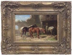 Four Horseswaiting At A Blacksmith's Workshop