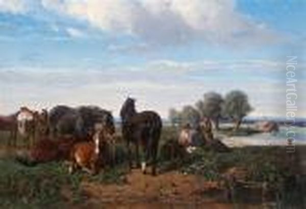 Horses Resting By A River - view 1