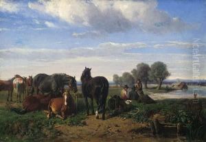 Horses Resting Along A River