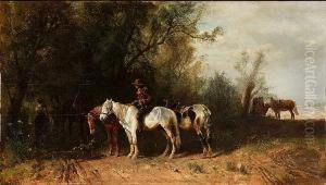 Figures Conversing In A Woodland Clearing by Ludwig Hartmann