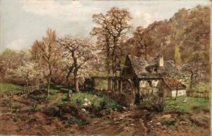 A Young Girl By A Mill Among Spring Blossoms by Heinrich Sen Hartung