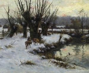 Winterly Landscape With Red Deer And Brook. Signed Bottom Right: H. Hartwich