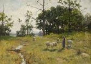 Kleine Hirtin Mit Schafen by Hermann Hartwich