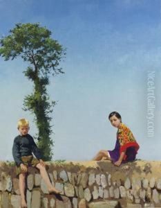 Children Sitting On A Wall by Harvey Harold