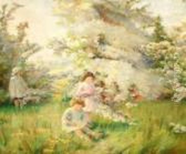 Children Gathering Blossom In An Orchard - view 1