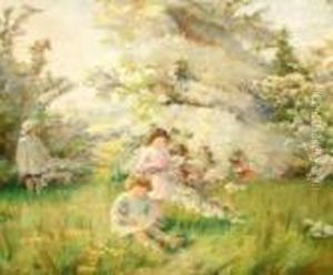 Children Gathering Blossom In An Orchard by Harvey Harold