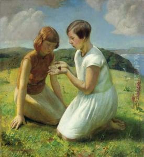 Two Young Girls With A Butterfly - view 1