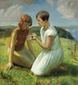 Two Young Girls With A Butterfly by Harvey Harold