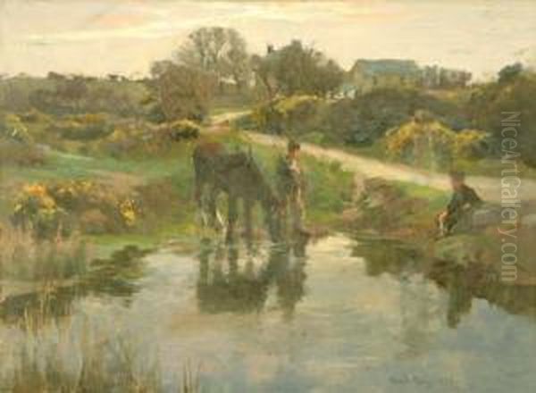 Oil On Canvas A Cooling Drink By The Wayside Signed And Dated 1906 12" X 16" - view 1