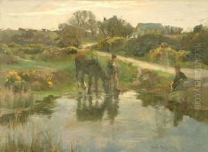 Oil On Canvas A Cooling Drink By The Wayside Signed And Dated 1906 12" X 16" by Harvey Harold