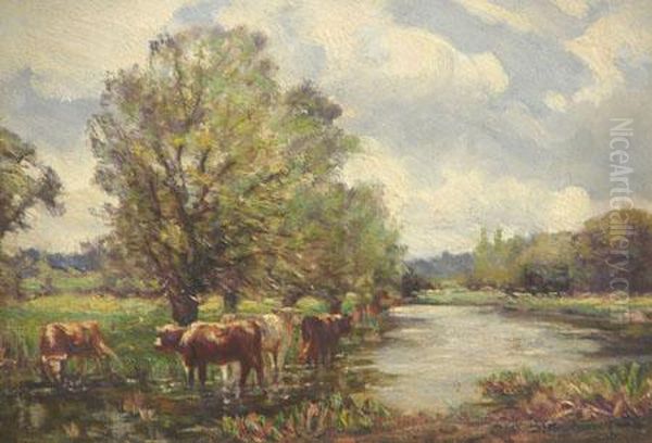 'cattle Watering In A Wood', Oil, Signed Panel, 9 - view 1