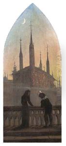 Personen in altdeutscher Tracht in Betrachtung einer mittelalterlichen Stadt by Carl Gustav Carus