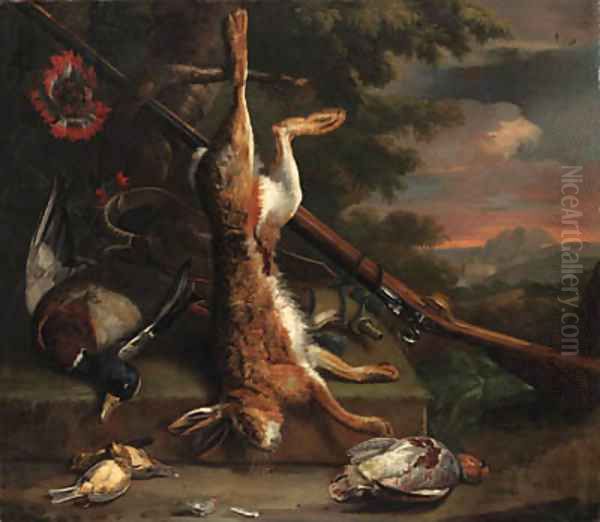 Still life of dead game, with a hare, a mallard, an English partridge and other birds with a gun by a tree, in a wooded landscape by Charles Collins