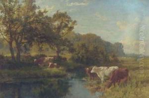 Cattle watering in a meadow by Charles Collins