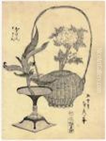 Peonies In A Handled Basketand Leaves In A Footed Vase - view 1