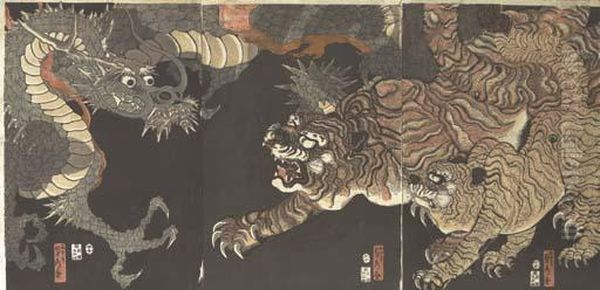 Triptych, Tigers And Dragon Fighting - view 1