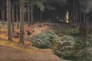 Woodland Pathway With Sunset In The Distance by Ernest William Haslehurst