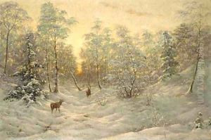 Deer in a snowy landscape at dusk by Ivan Fedorovich Choultse